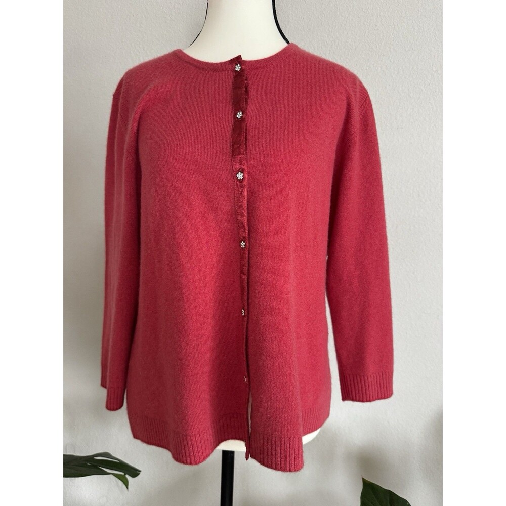 Garnet Hill Cashmere Cardigan XL Raspberry Red Jewel Button Satin Trim Elegant